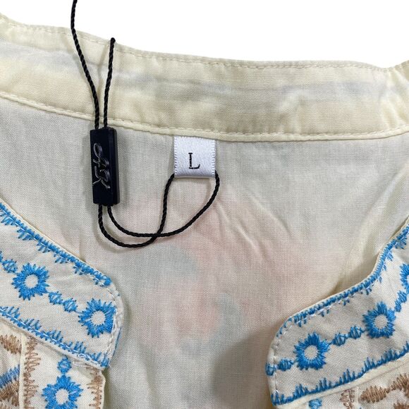 AK Large Tunic NWT Pale Yellow Embroidered Lined Roll Tab Sleeve 1/2 Button Boho - Picture 3 of 7